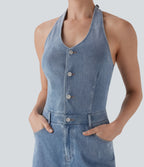FlexTM Halter Wide Leg Denim Casual Jumpsuit with Pockets