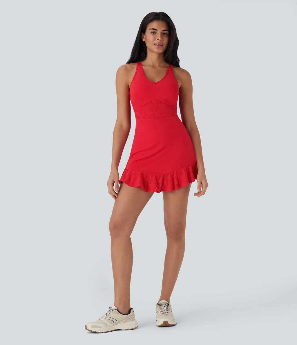 SoftlyZeroTM Contrast Lace 2-Piece Mini Yoga Active Dress with Pocket