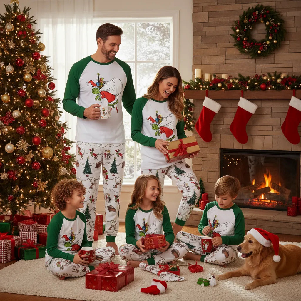 Christmas Green Pajamas Set With Cartoon Pattern Print