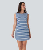 Boat Neck Sleeveless Curved Hem Mini Stripe Waffle Casual Dress with Pockets