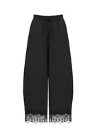 Women's Casual Pocket Elastic Waist Long Pants, Lace Patchwork Bottoms, Asymmetrical Hem, Summer Loose Wide-Leg Pants, Womenswear