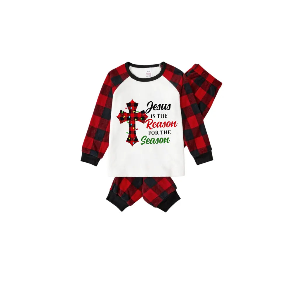 Red and Black Plaid Christmas Pajamas Set With "Jesus Is The Reason For The Season" Slogan Print