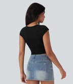 Square Neck Drawstring Eyelet Embroidery Skinny Cropped Casual Top