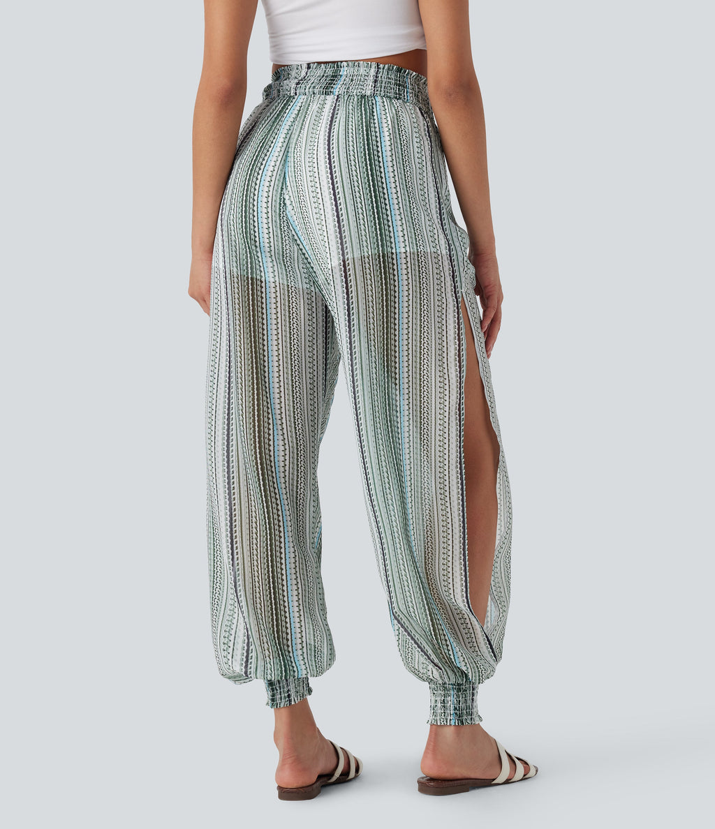 High Waisted Shirred 2-in-1 Stripe Casual Joggers with Pockets