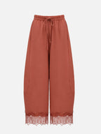 Women's Casual Pocket Elastic Waist Long Pants, Lace Patchwork Bottoms, Asymmetrical Hem, Summer Loose Wide-Leg Pants, Womenswear