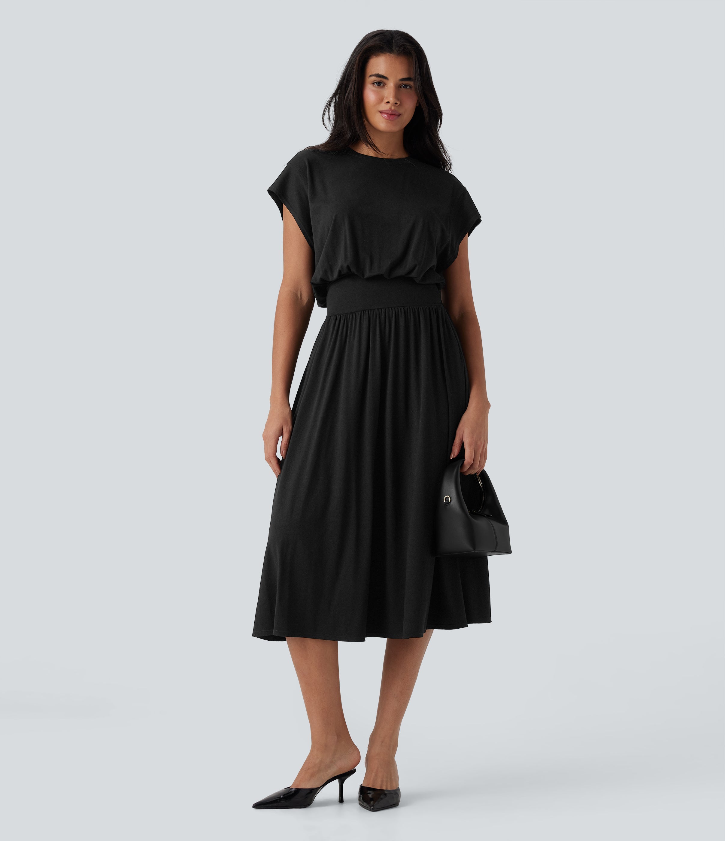 SoCinched Tummy Control Batwing Sleeve Flowy Midi Work Dress with Pockets