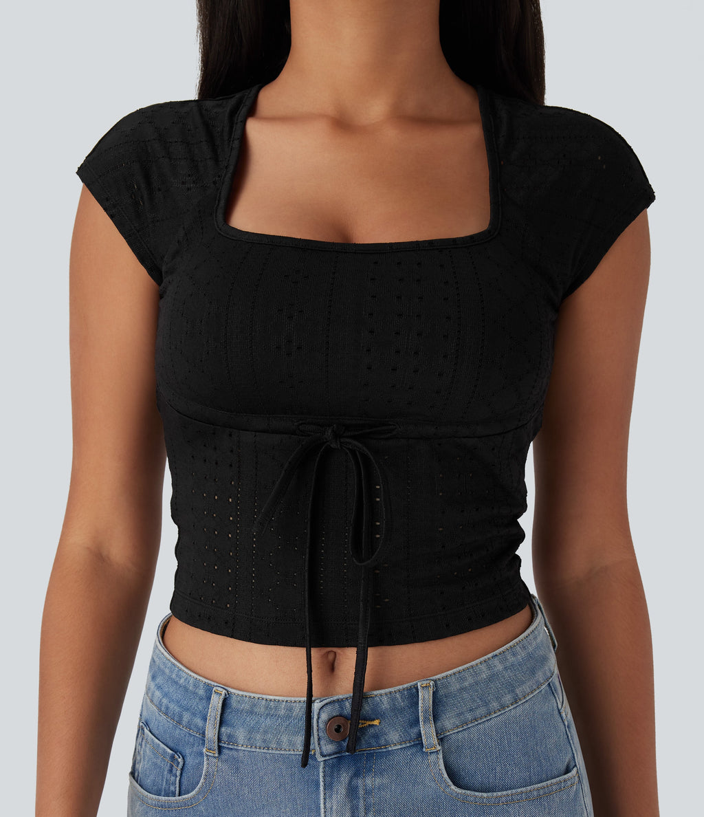 Square Neck Drawstring Eyelet Embroidery Skinny Cropped Casual Top