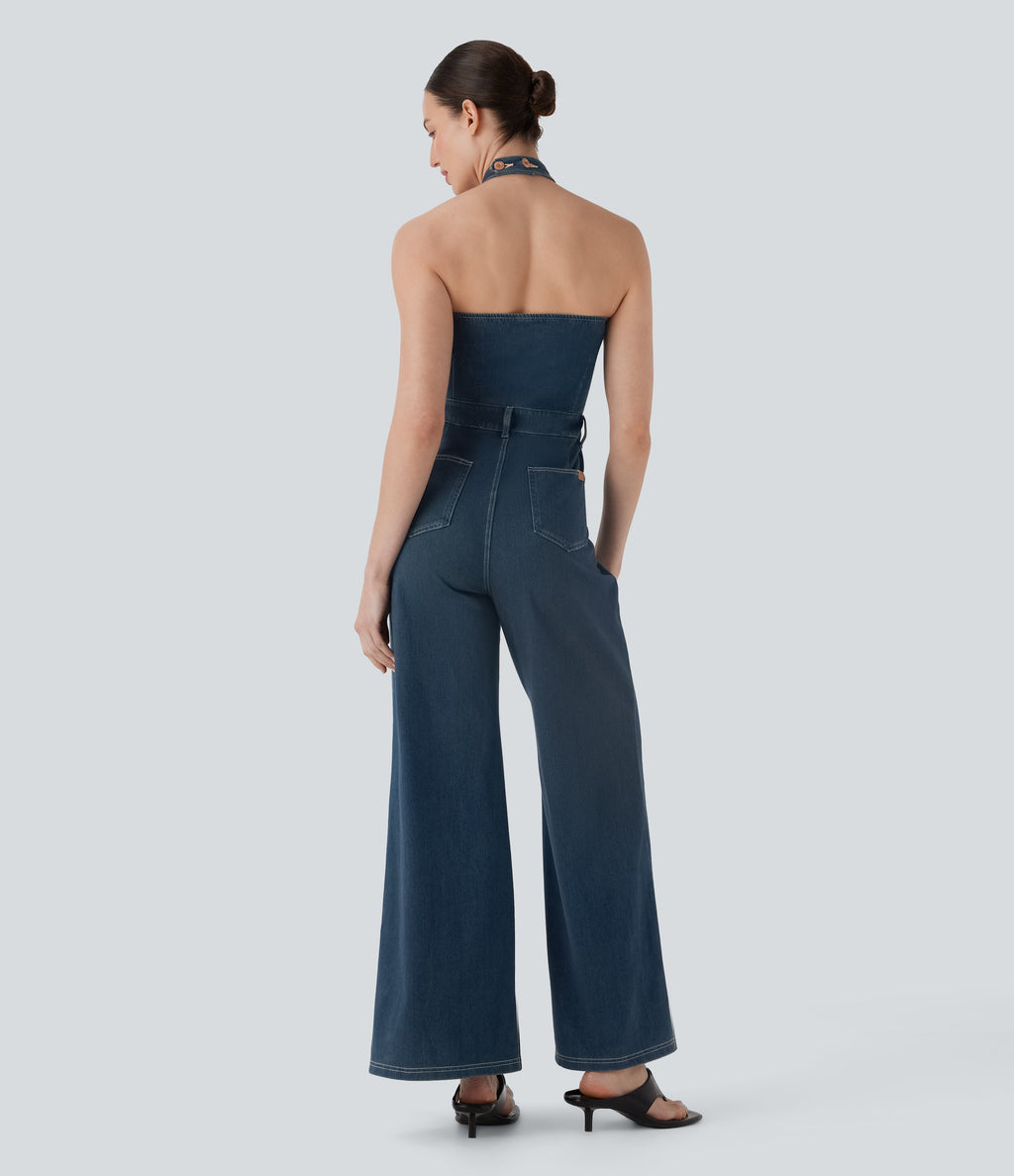 FlexTM Halter Wide Leg Denim Casual Jumpsuit with Pockets