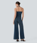 FlexTM Halter Wide Leg Denim Casual Jumpsuit with Pockets
