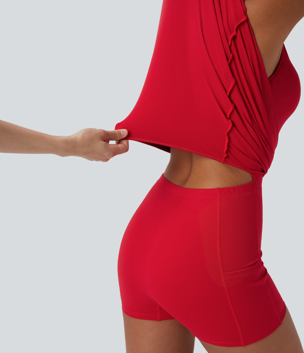 SoftlyZeroTM Plush Push-Up Molded Cups Zipper 2-in-1 Yoga Active Dress with Pockets-Easy Peezy