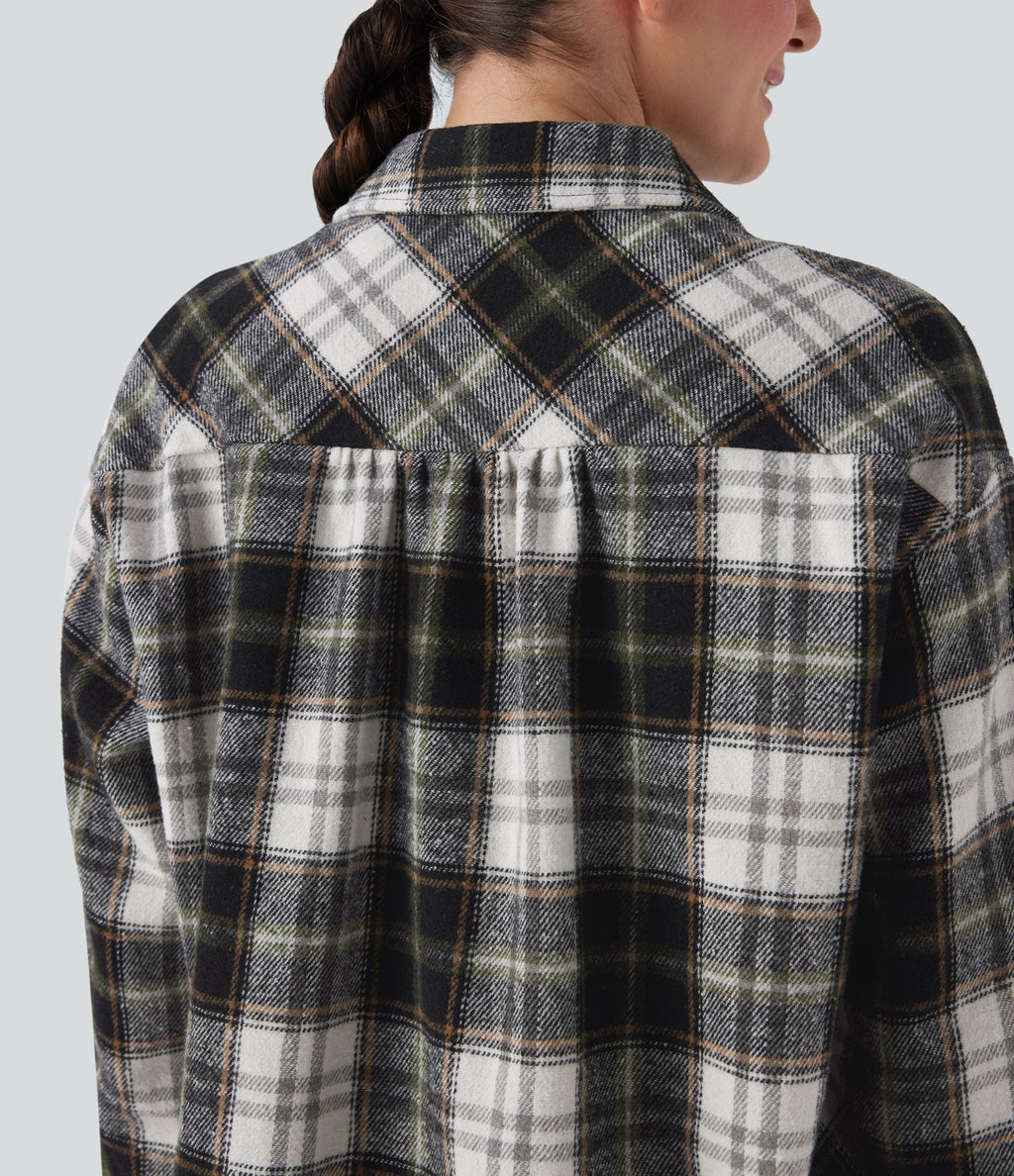 Plaid Curved Hem Casual Shirt Jacket with Flap Pockets