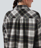 Plaid Curved Hem Casual Shirt Jacket with Flap Pockets