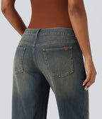 FlexTM Asymmetric Low Rise Zipper Pockets Baggy Wide Leg Washed Casual Jeans