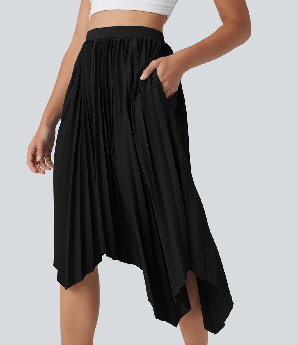 High Waisted Pleated Asymmetrical Hem Casual Skirt with Pockets