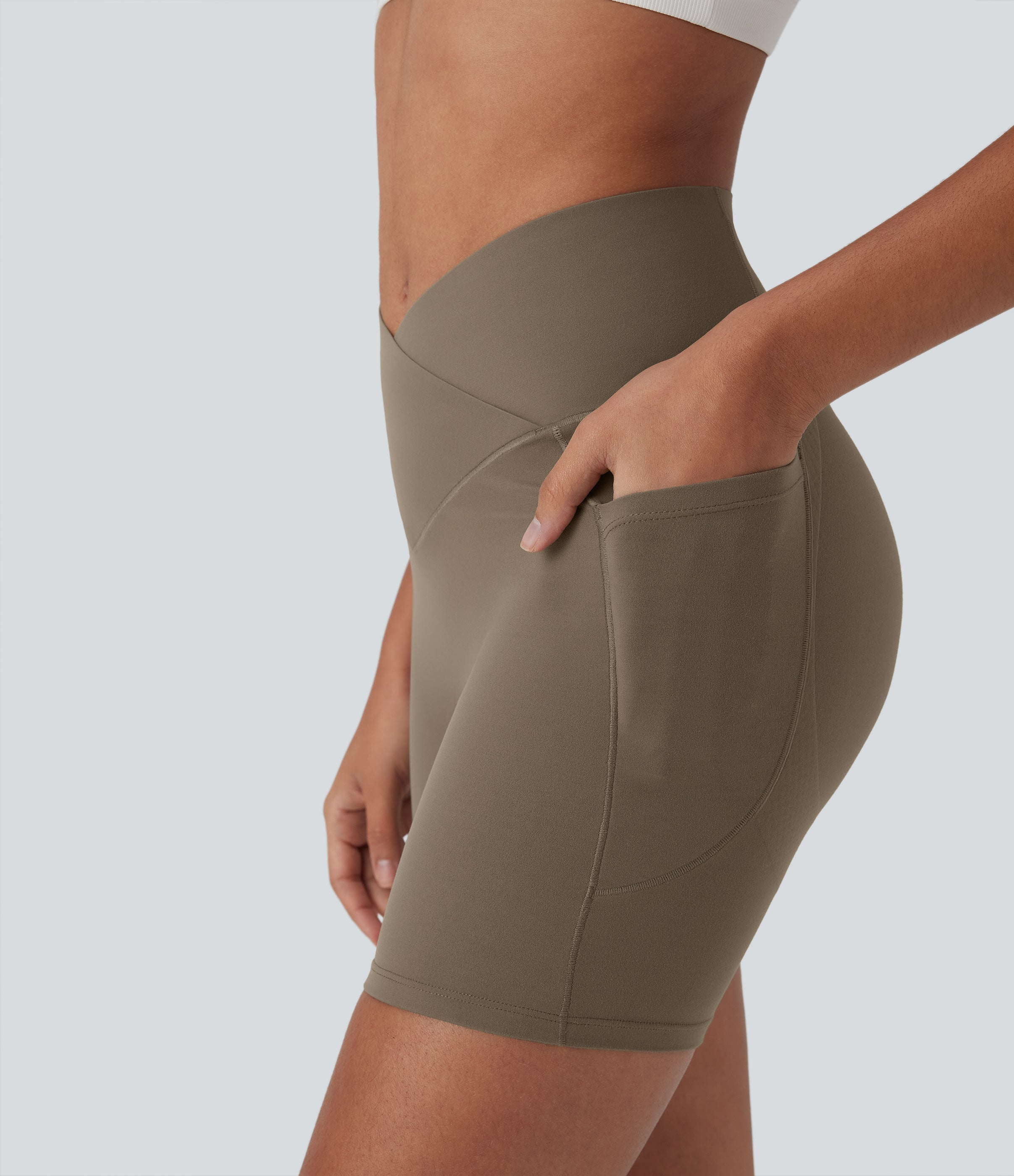UltraSculptTM High Waisted Crossover Tummy Control Butt Lifting Yoga Biker Shorts 5'' with Pockets