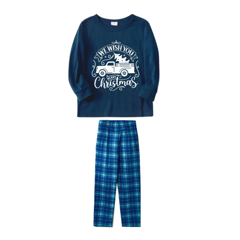 Christmas Family Matching Pajamas-Navy & Sky Blue Plaid Pjs Set with "We Wish You A Merry Christmas" and Christmas Car Pattern Print
