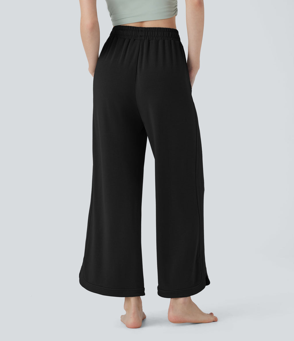 High Waisted Drawstring Curved Hem Straight Leg Yoga Pants with Pockets