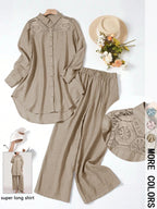 Women's Casual Two-Piece Set, Hollow-Out Top and Loose-Fit Pants