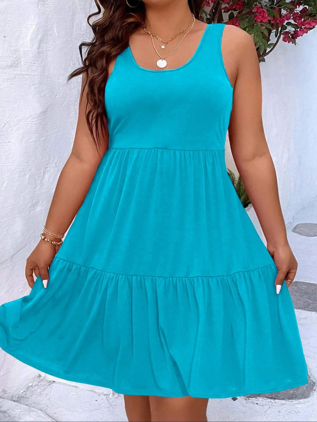 【Plus Size】 Solid Ruffle Hem Tank Dress, Casual Scoop Neck Sleeveless A Line Dress for Summer, Women's Clothing for Daily Wear