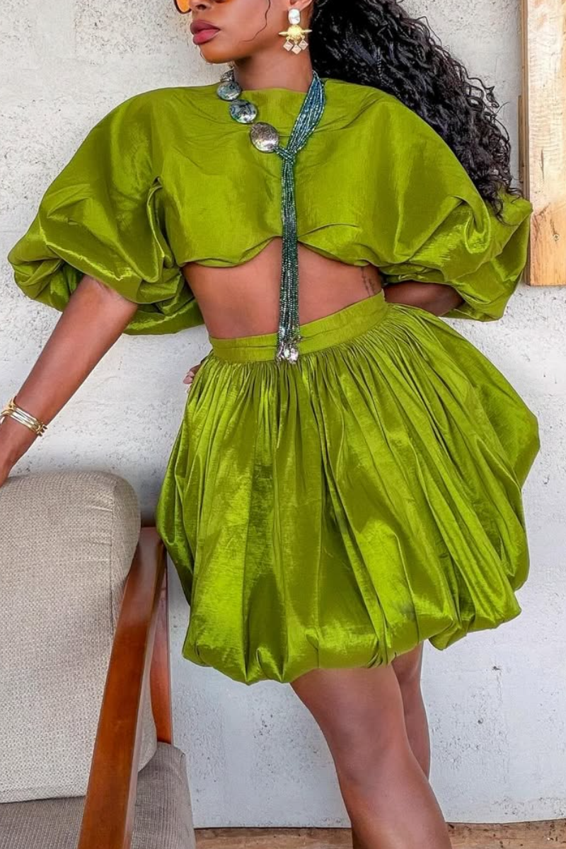 Women Round Neck Short Bubble Sleeve Top + Half Skirt Vacation Casual Style Set
