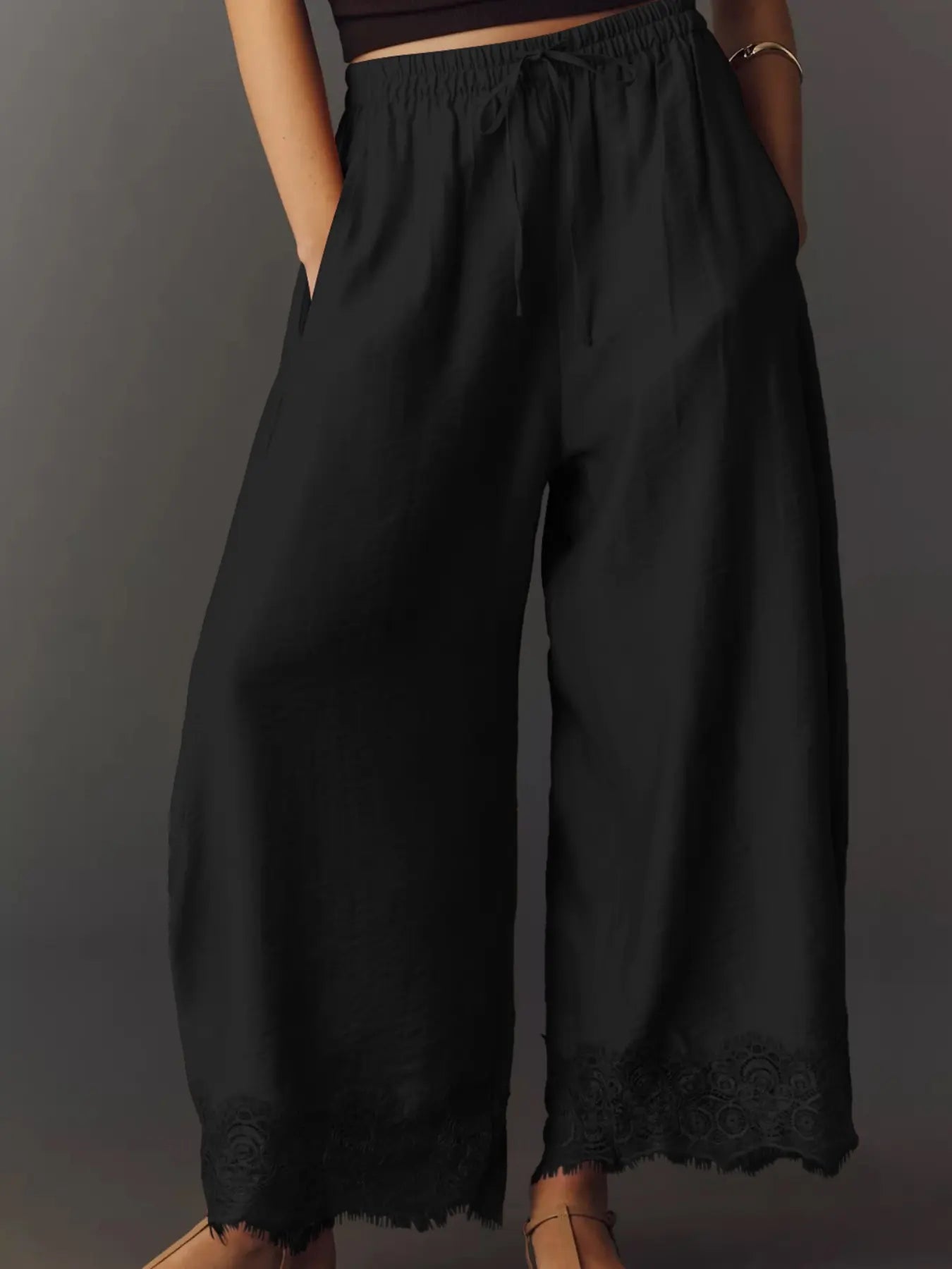 Women's Casual Pocket Elastic Waist Long Pants, Lace Patchwork Bottoms, Asymmetrical Hem, Summer Loose Wide-Leg Pants, Womenswear