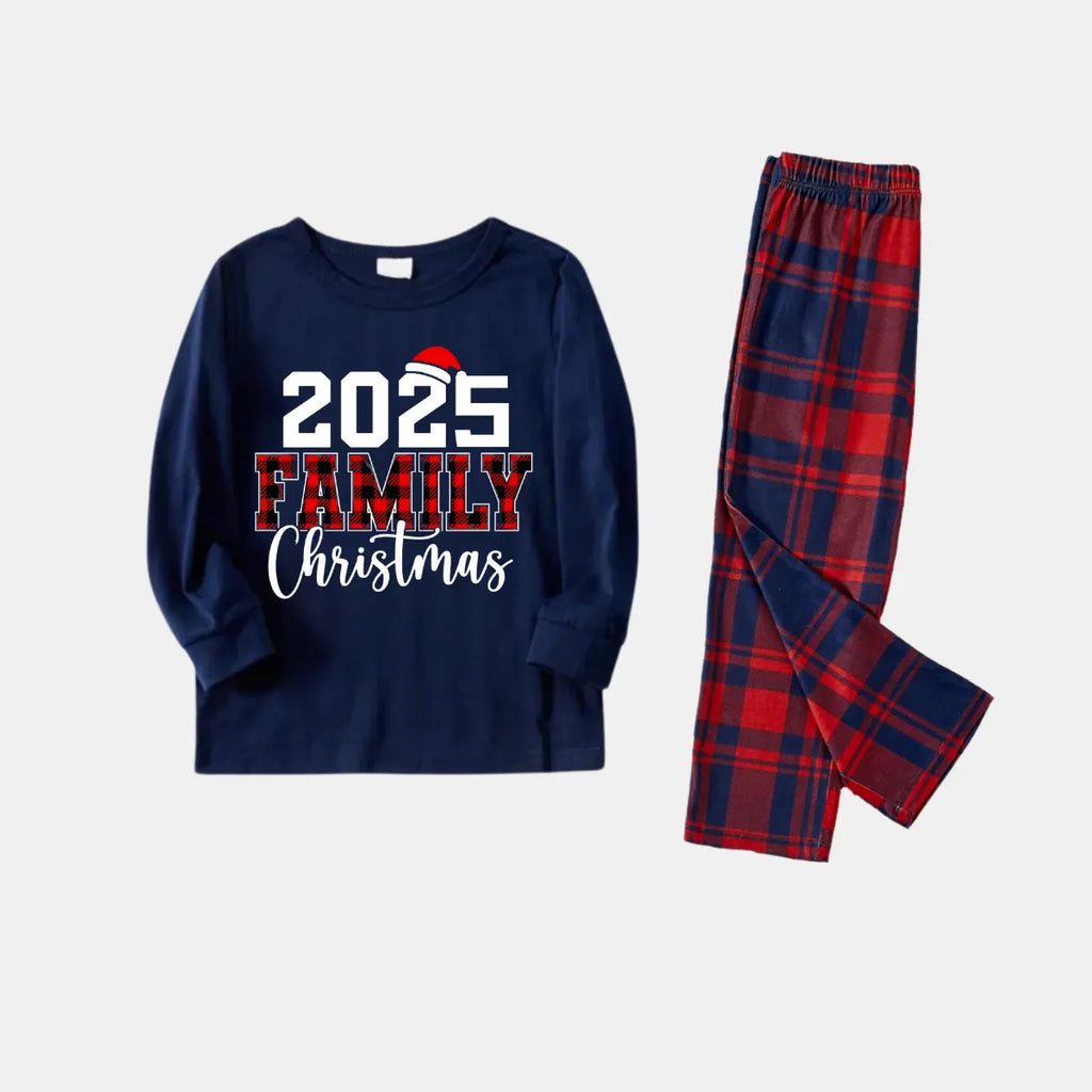"2025 Christmas" Text and Santa Hat Prints Blue Long Sleeves Top with Red and Blue Plaid Pants Christmas Matching Pajamas