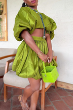 Women Round Neck Short Bubble Sleeve Top + Half Skirt Vacation Casual Style Set