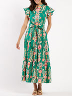 NEW🔥 Ruffle Button Tie Waist Printed Dress- Tax Free