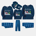 Navy & Sky Blue Plaid Christmas Pajamas Set with Santa Claus and Cartoon Pattern Print