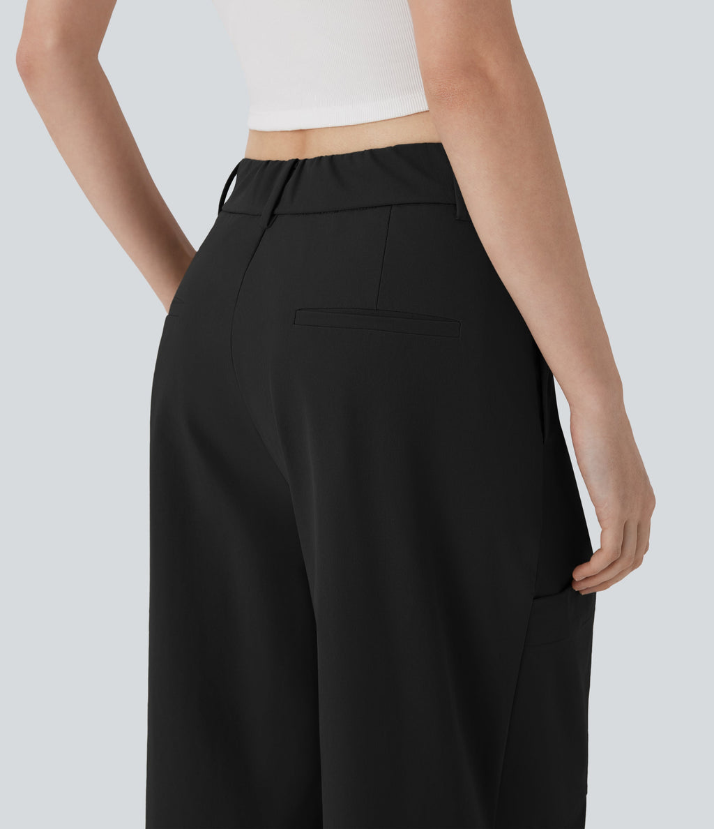 Mid Rise Wide Leg Work Pants with Pockets