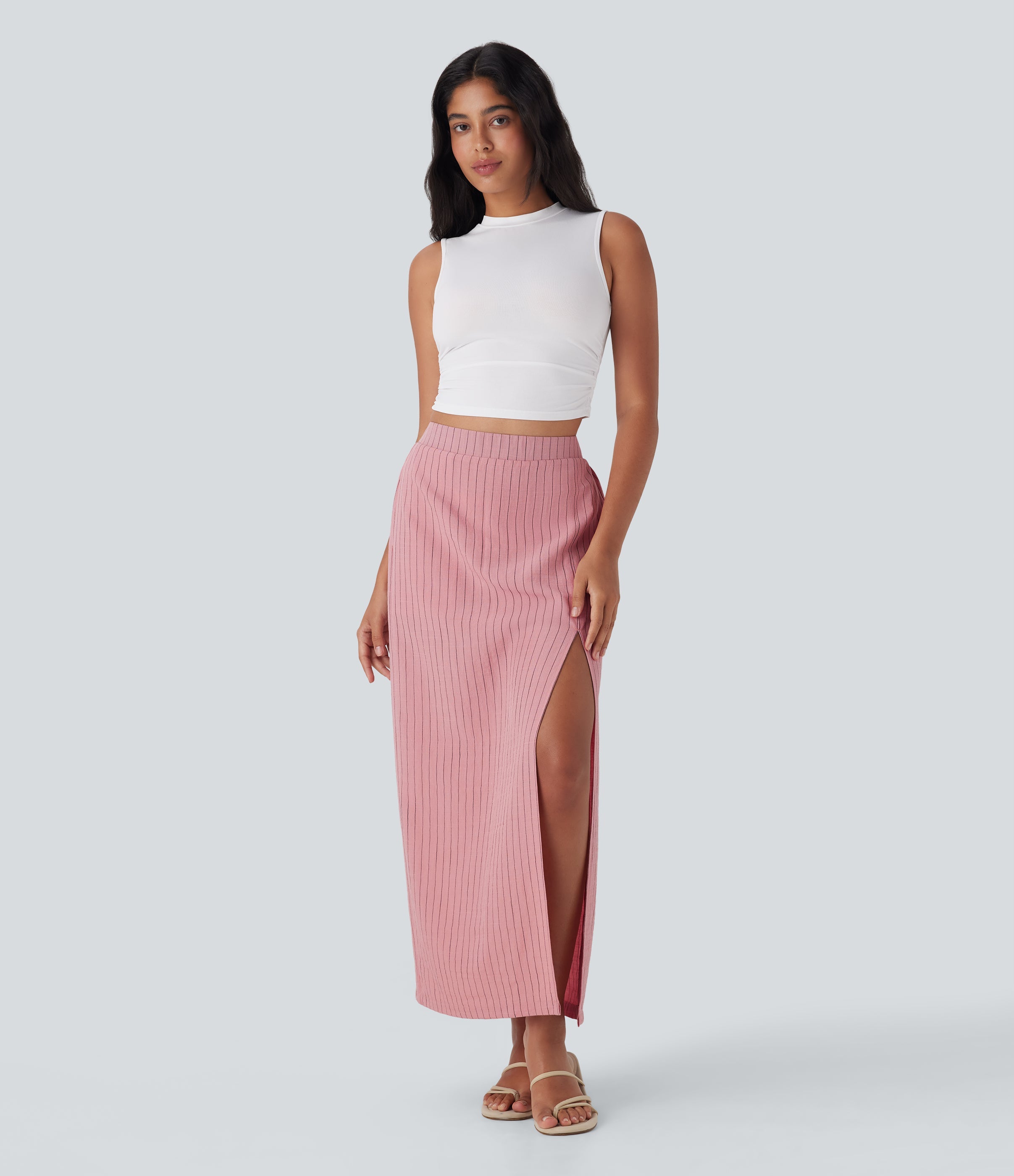 High Waisted Stripe Maxi Linen-Feel Skirt with Pockets