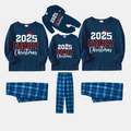 2025 Family Christmas Text Print Blue Long Sleeve Top With Blue Plaid Family Matching Pajamas