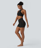 SoftlyZeroTM High Waisted Crossover Contrast Lace Built-in Underwear Yoga Biker Shorts 5'' with Pocket-UPF50+