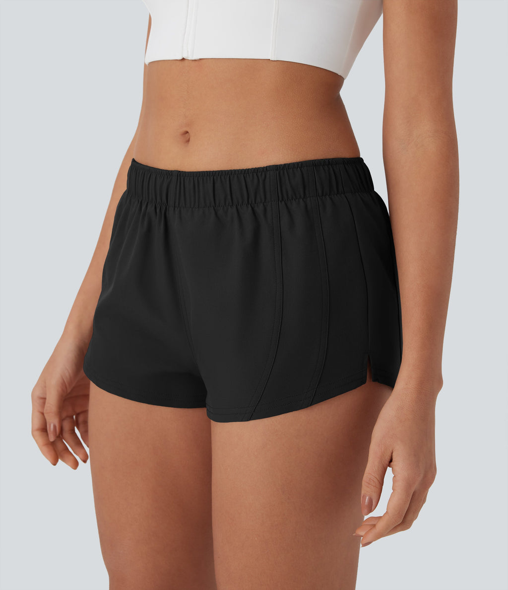 Water Repellent Foldover Low waist Drawstring 2-in-1 Twill Running Micro Shorts with Pocket