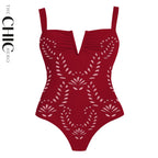 Red Petal Print Hollow One-Piece V Neck Swimsuit&Skirt