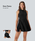BreezefulTM Half Zipper Sleeveless 2-in-1 Pleated Hem Mini Quick Dry Tennis Active Dress with Pockets-Easy Peezy