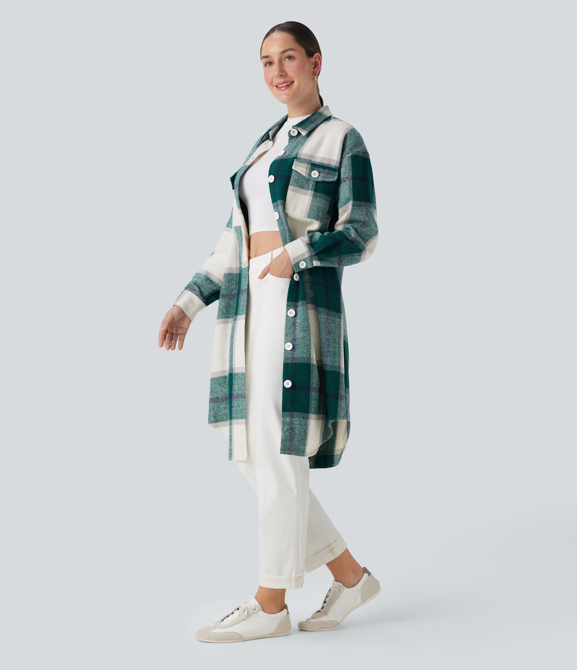 Plaid Curved Hem Longline Casual Jacket with Pockets