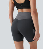 High Waisted Color Block Contrast Mesh Quick Dry Yoga Biker Shorts 7'' with Pockets