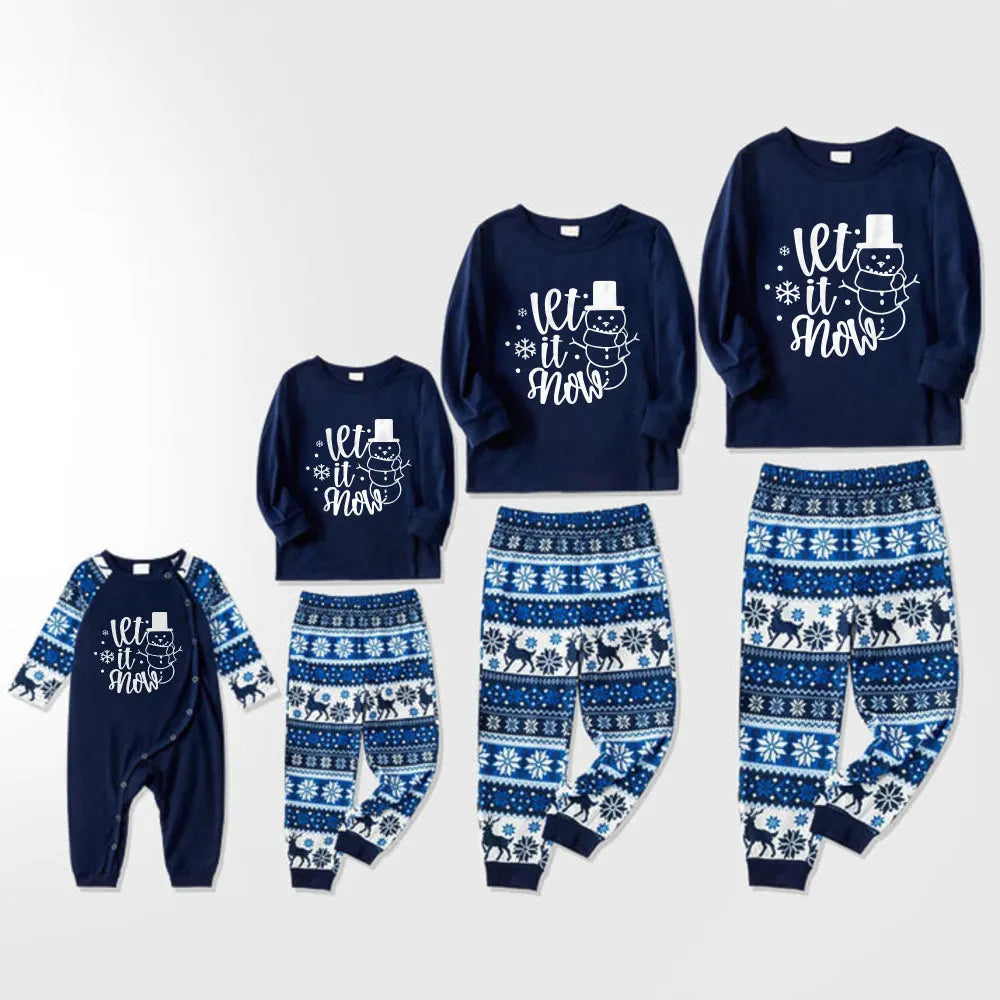 Joyful Blue Christmas Pajamas Set with Snowman and Slogan Designs