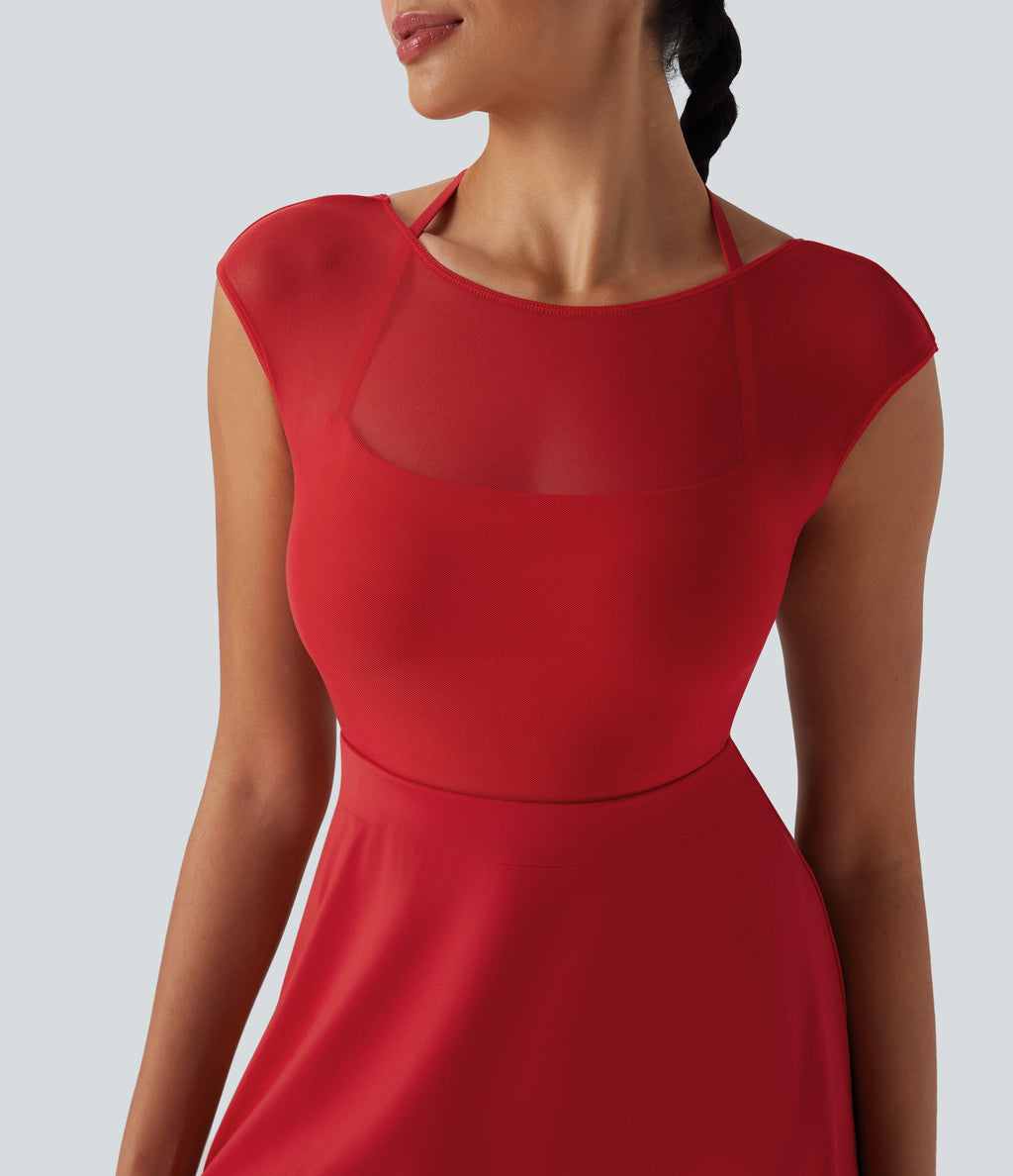 SoftlyZeroTM Airy Halter Adjustable Buckle Contrast Mesh Cool Touch Yoga Active Dress-Easy Peezy-UPF50+