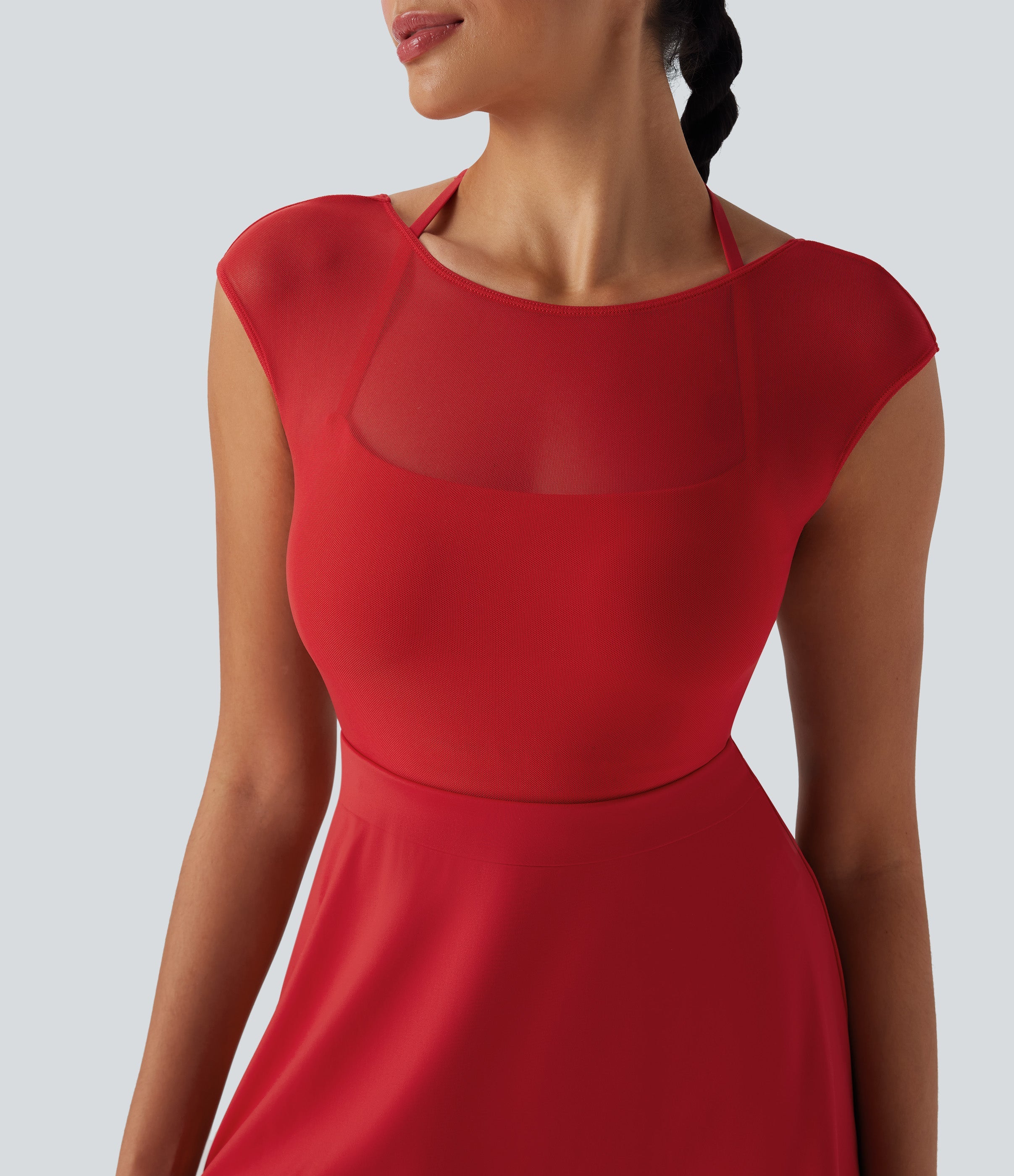 SoftlyZeroTM Airy Halter Adjustable Buckle Contrast Mesh Cool Touch Yoga Active Dress-Easy Peezy-UPF50+