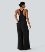 U Neck Racerback Drawstring Casual Jumpsuit with Pockets