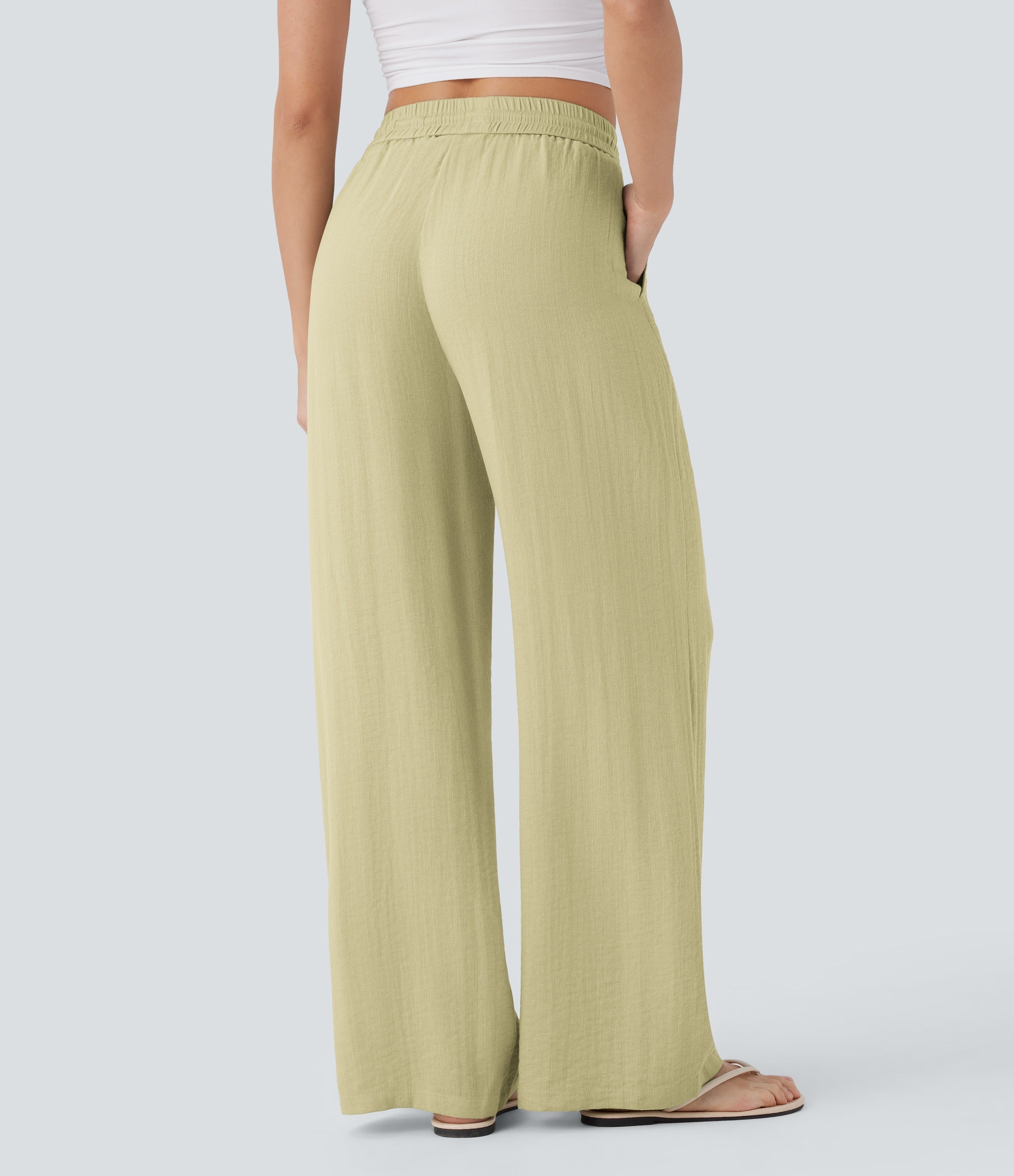 Women Summer High Waisted Drawstring Pocket Wide Leg Casual Linen-Feel Pants