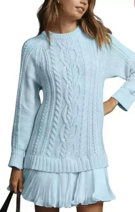 Women Cable Knit Sweater Dress Crewneck Long Sleeve Pleated Mini Dress Twofer Style Patchwork Dress