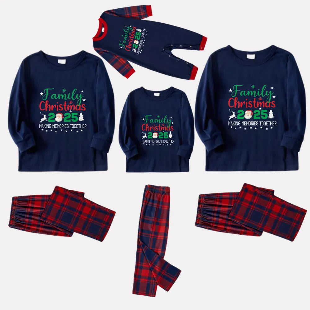 Christmas Family Matching Pajamas-Navy & Red Plaid Pjs Set with "Family Christmas 2025" and Santa Pattern Print