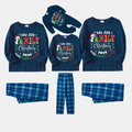 "We are Family 2025 Christmas Make Memories Together" Slogan Print Blue Long Sleeve Top With Blue Plaid Family Matching Pajamas