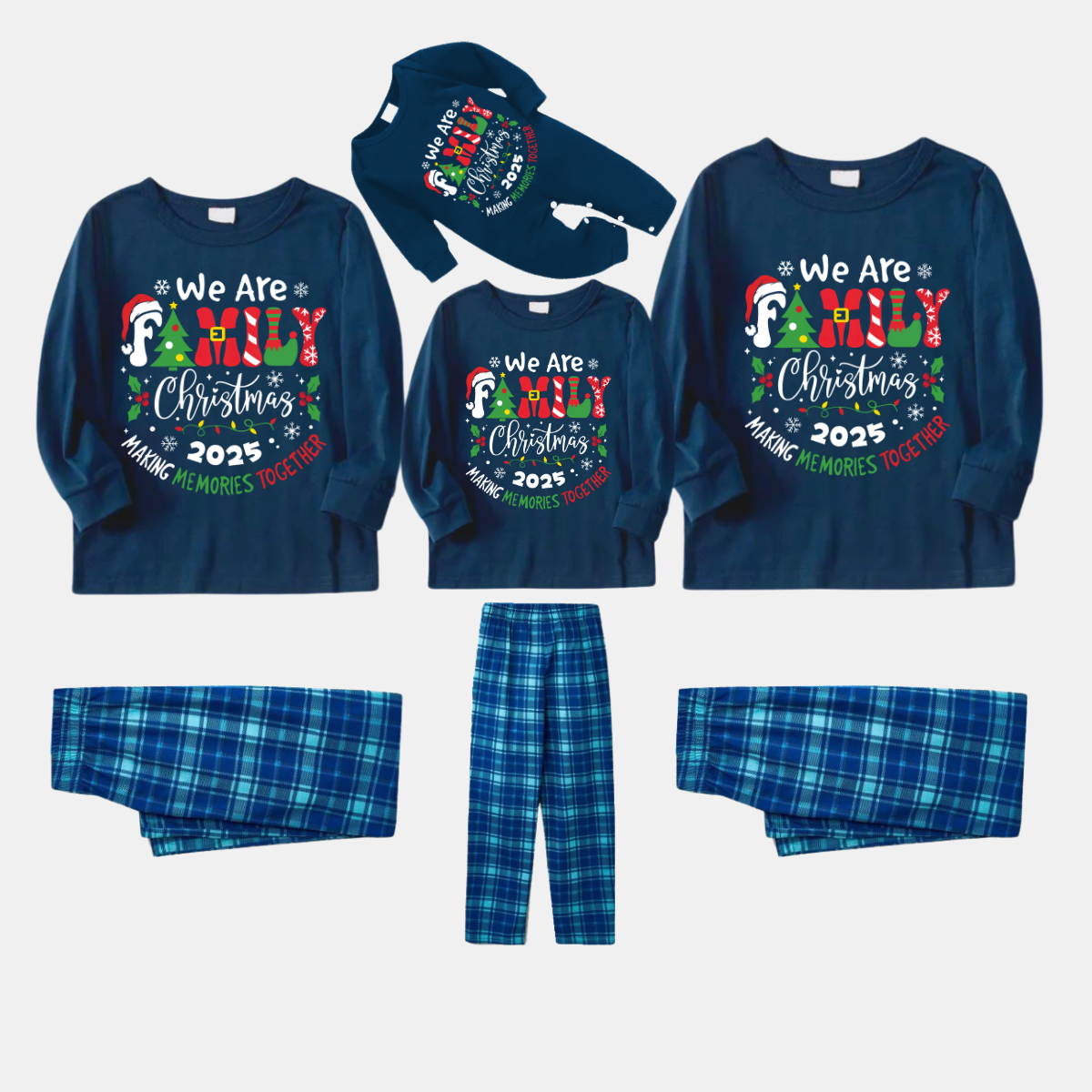 "We are Family 2025 Christmas Make Memories Together" Slogan Print Blue Long Sleeve Top With Blue Plaid Family Matching Pajamas