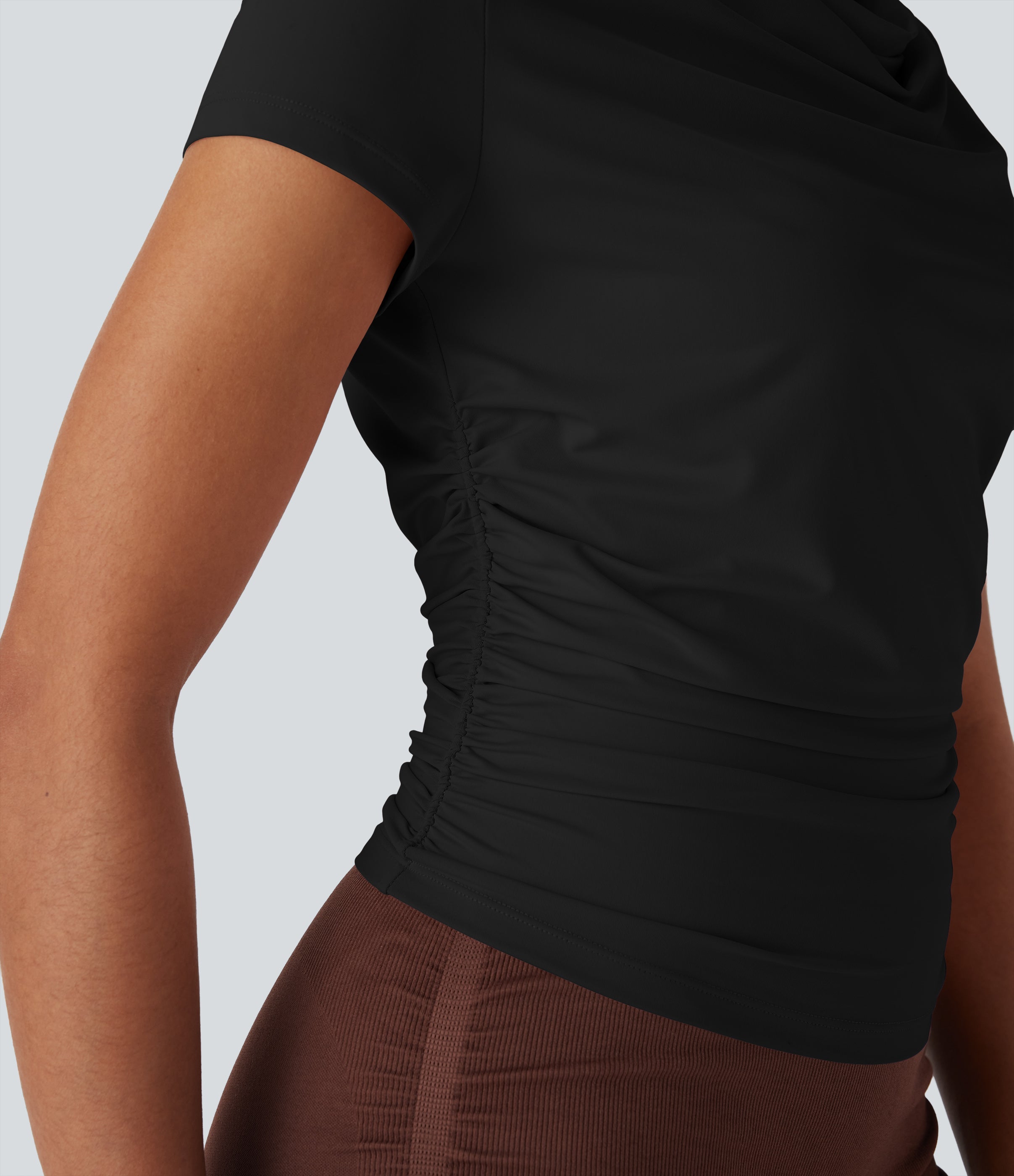 Cowl Neck Short Sleeve Ruched Yoga Top