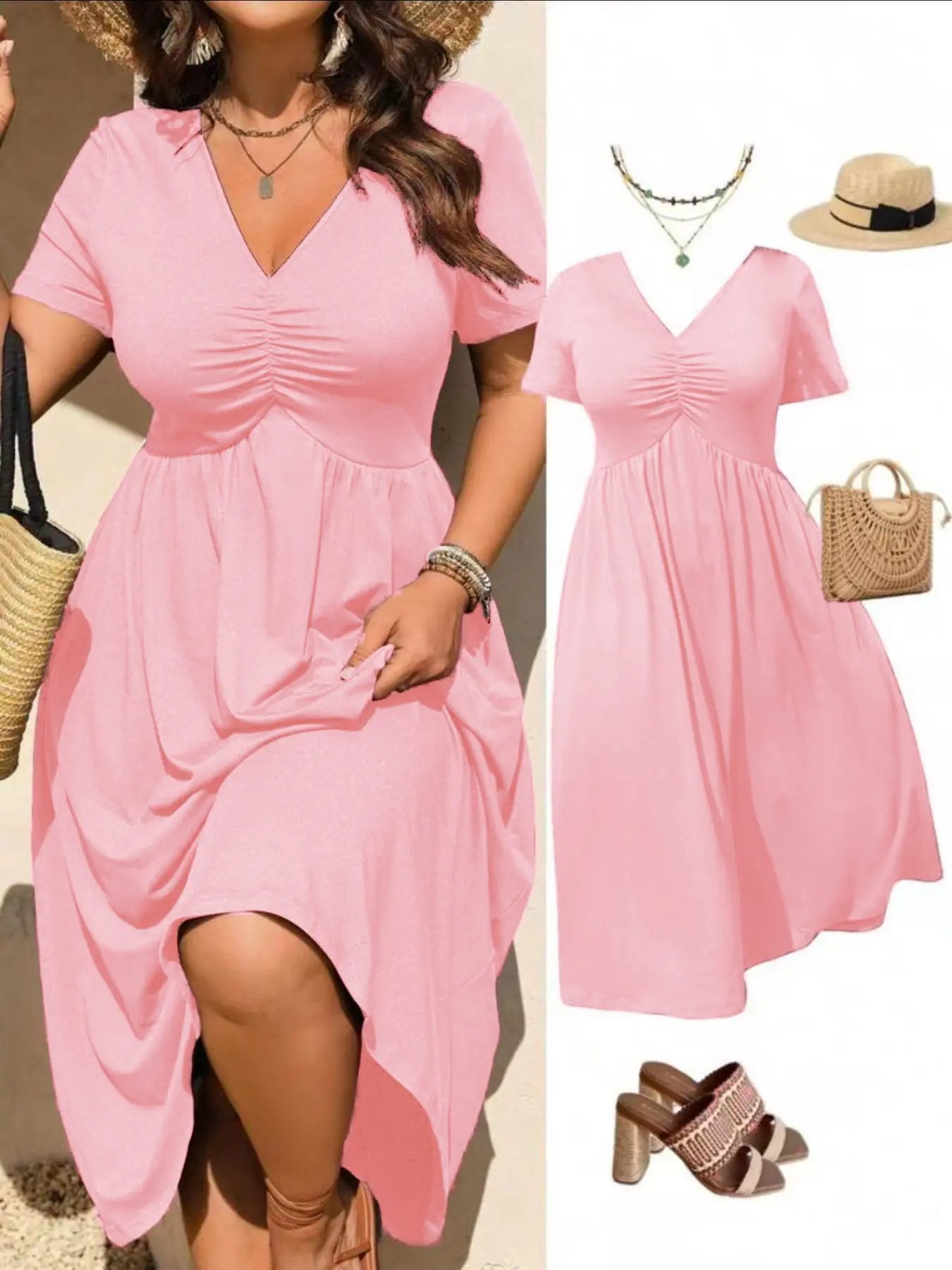 Plus Size V-Neck Ruched Bra Top Short Sleeve Midi Dress, Casual Summer Flowy A-Line Skirt, Women's Fashion Clothing