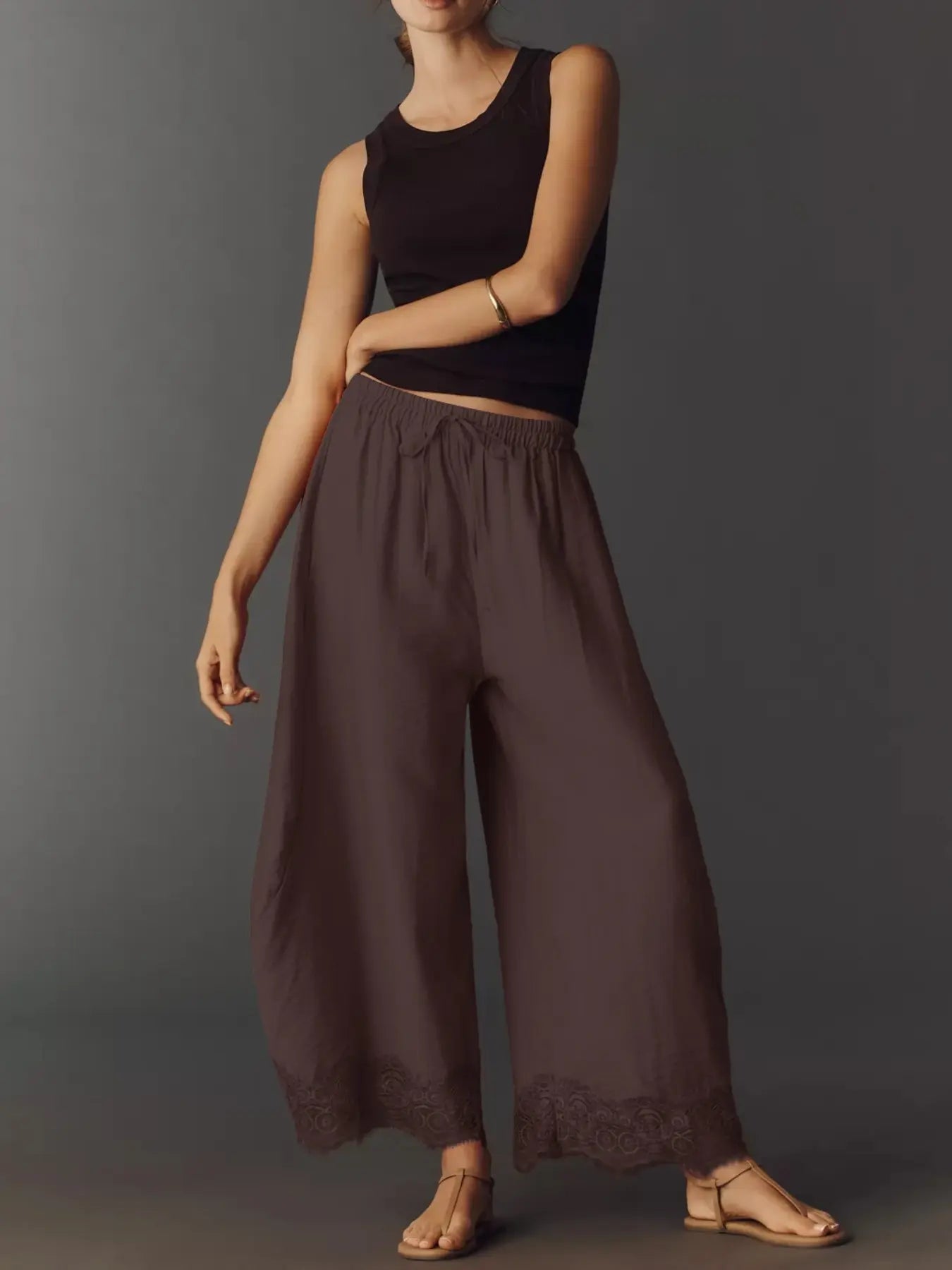 Women's Casual Pocket Elastic Waist Long Pants, Lace Patchwork Bottoms, Asymmetrical Hem, Summer Loose Wide-Leg Pants, Womenswear